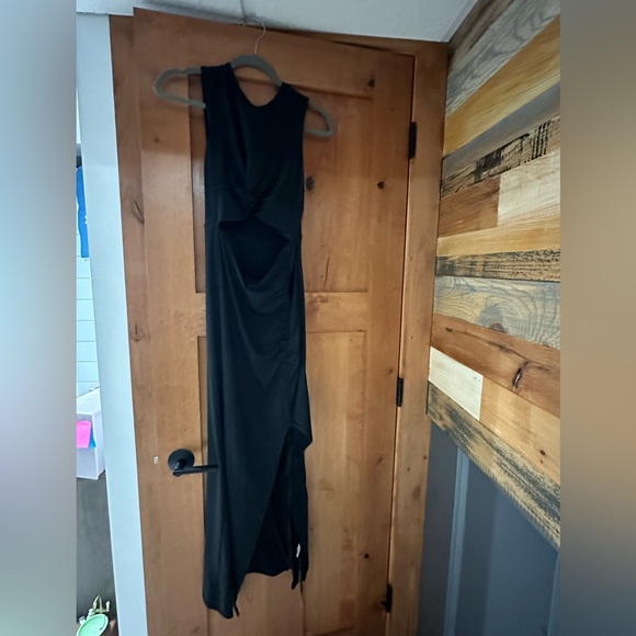 Round Neck Twisted Cut Out Ruched Drawstring Split Hem Bodycon Midi Casual Dress - Picture 4 of 4